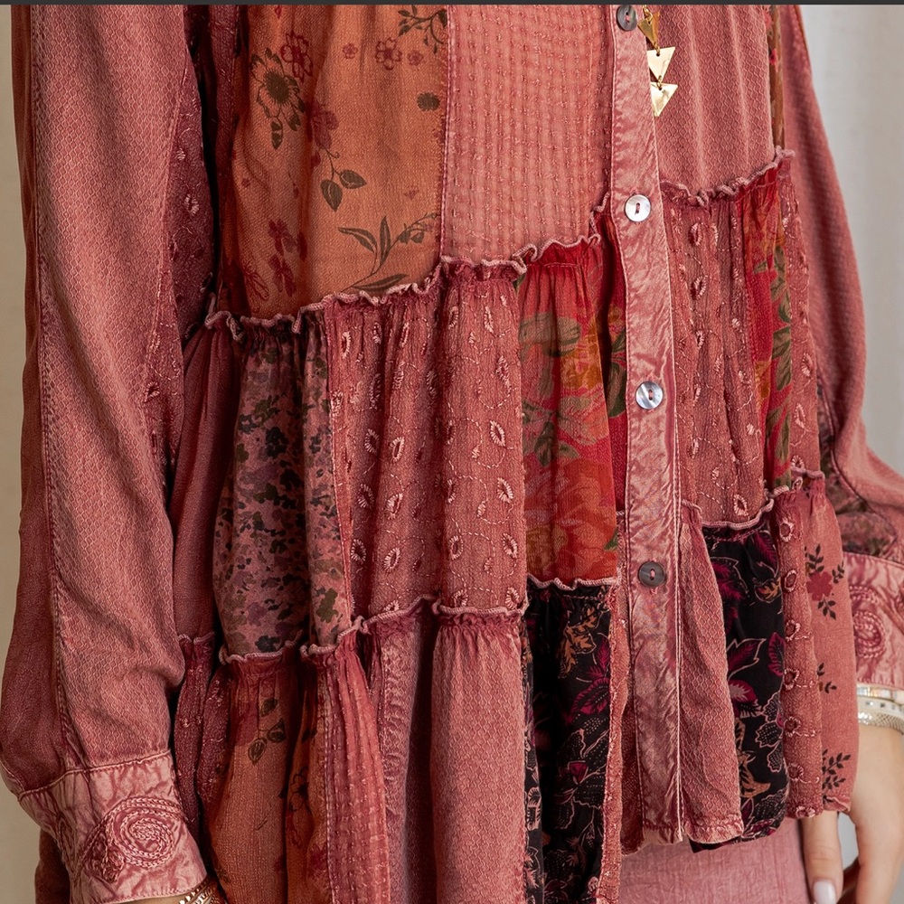 YTS6- Elegant Garnet Jhabla patchwork top, Wide-Leg Pants, or kimono - Picture 2 of 5